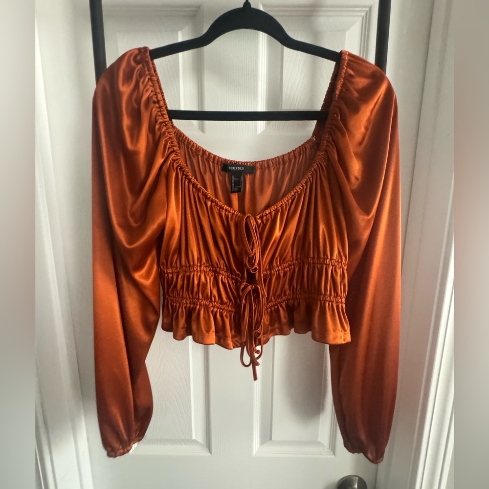 Forever21 Orange Satin Front Tie Top Size L